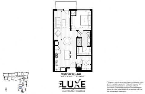 Floor plan for 1 bed, 1 bath, 901 sqft